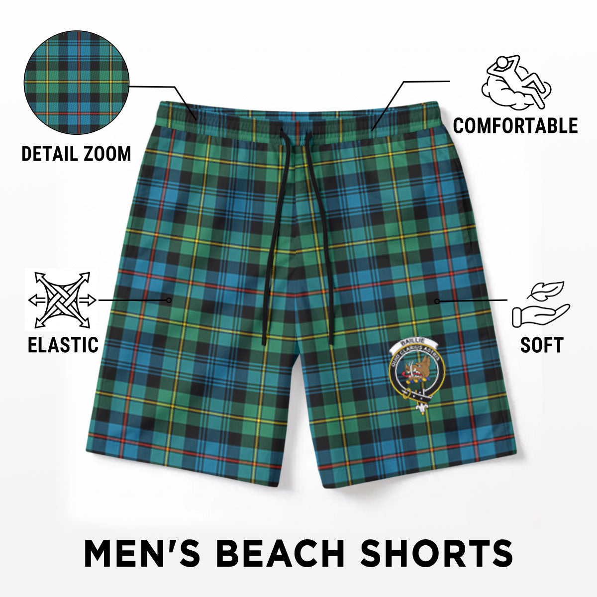 Baillie Ancient Tartan Crest Men's Beach Shorts