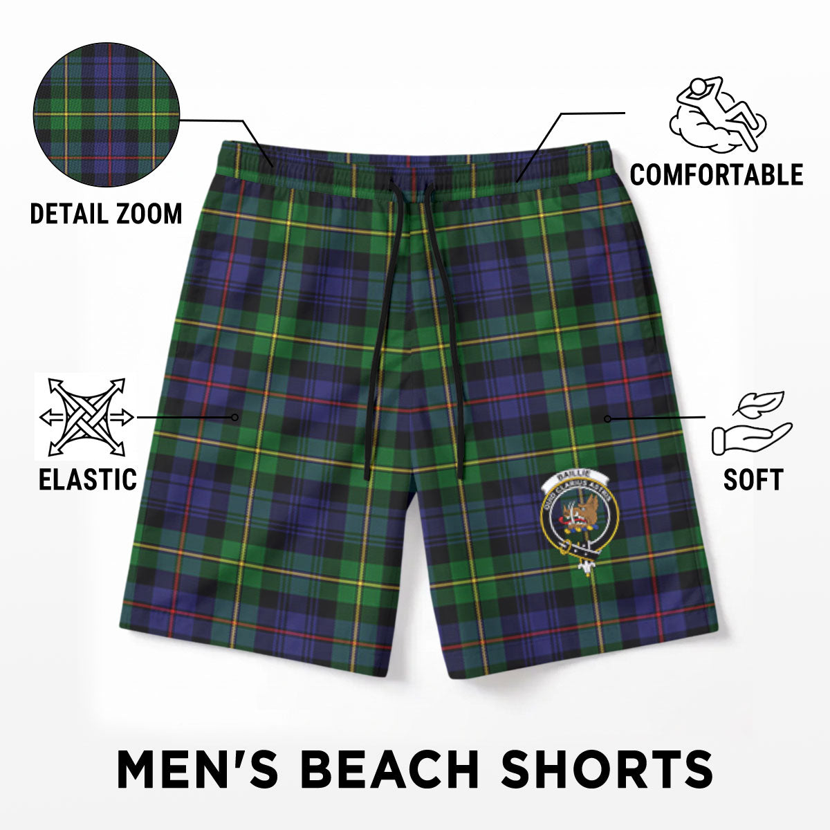 Baillie Tartan Crest Men's Beach Shorts