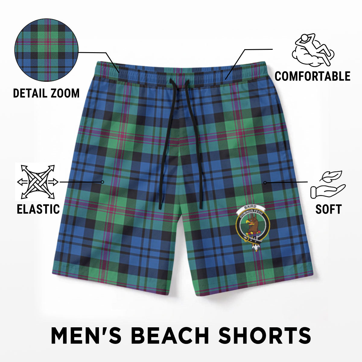 Baird Ancient Tartan Crest Men's Beach Shorts