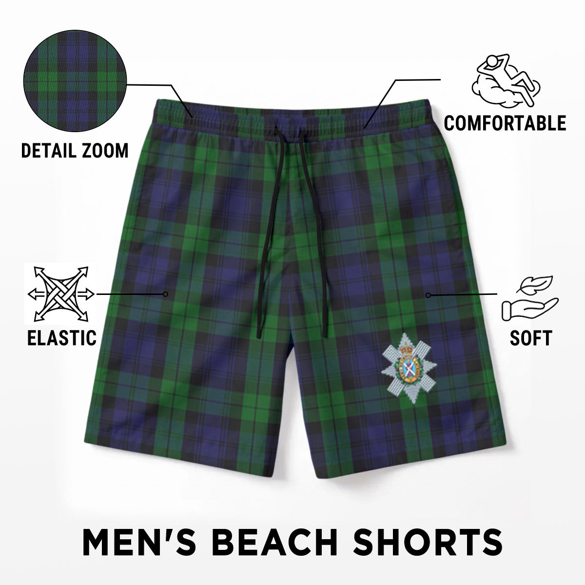 Black Watch Tartan Crest Men's Beach Shorts