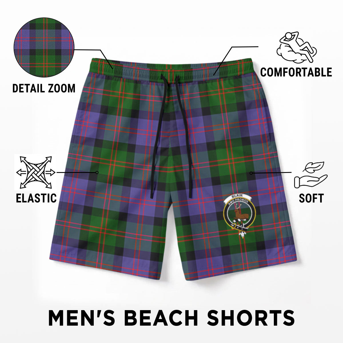 Blair Modern Tartan Crest Men's Beach Shorts