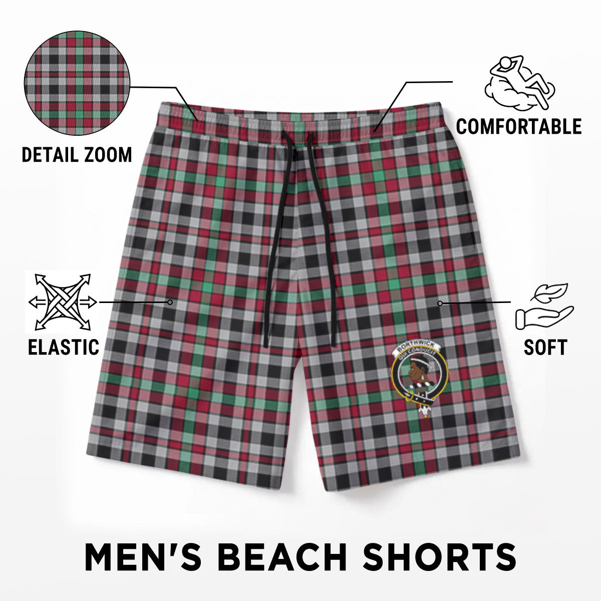 Borthwick Ancient Tartan Crest Men's Beach Shorts