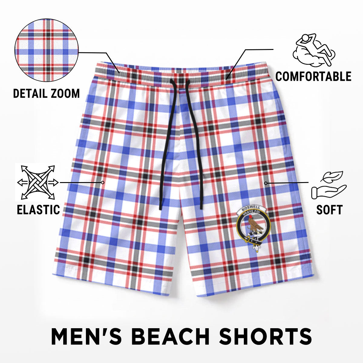 Boswell Modern Tartan Crest Men's Beach Shorts