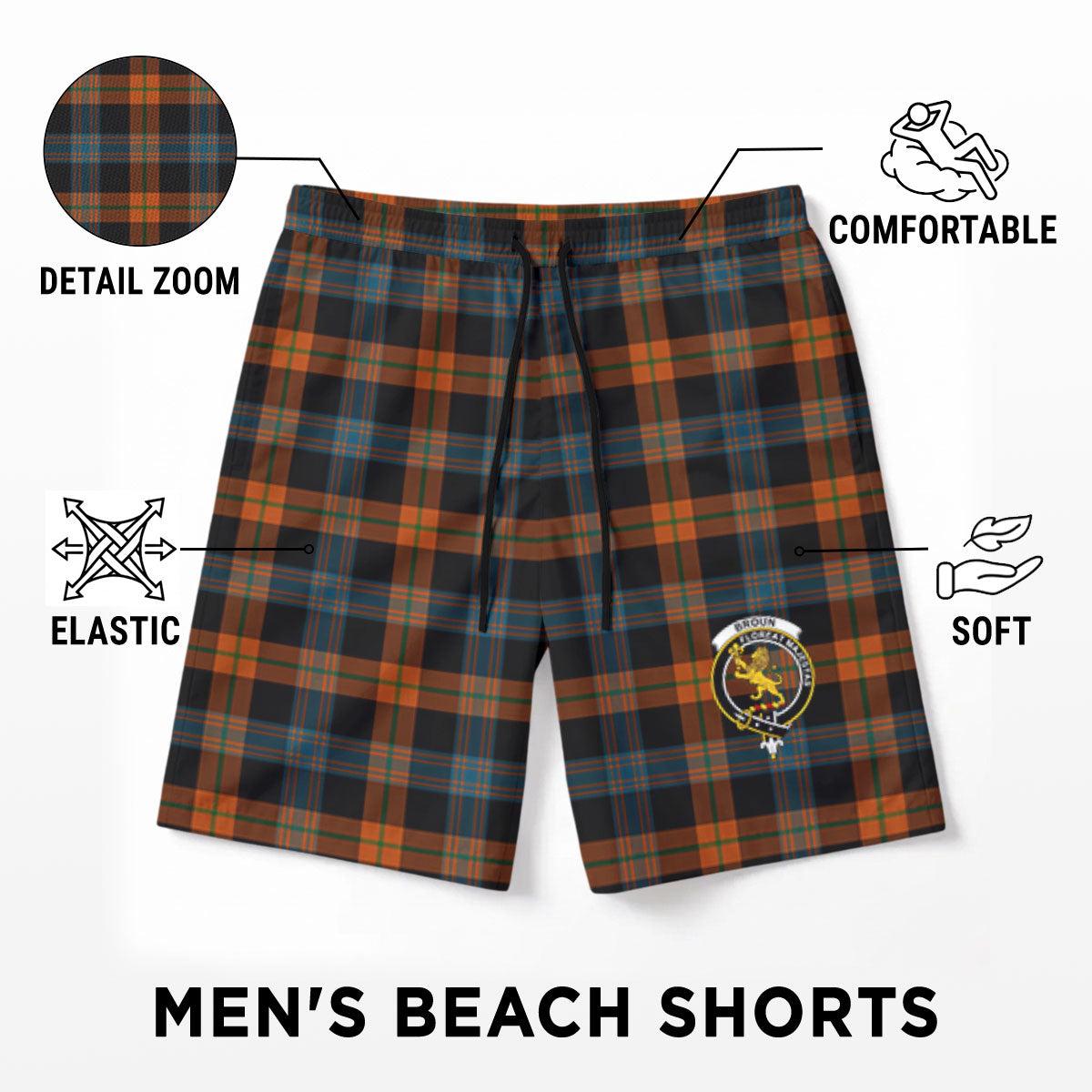 Broun Ancient Tartan Crest Men's Beach Shorts