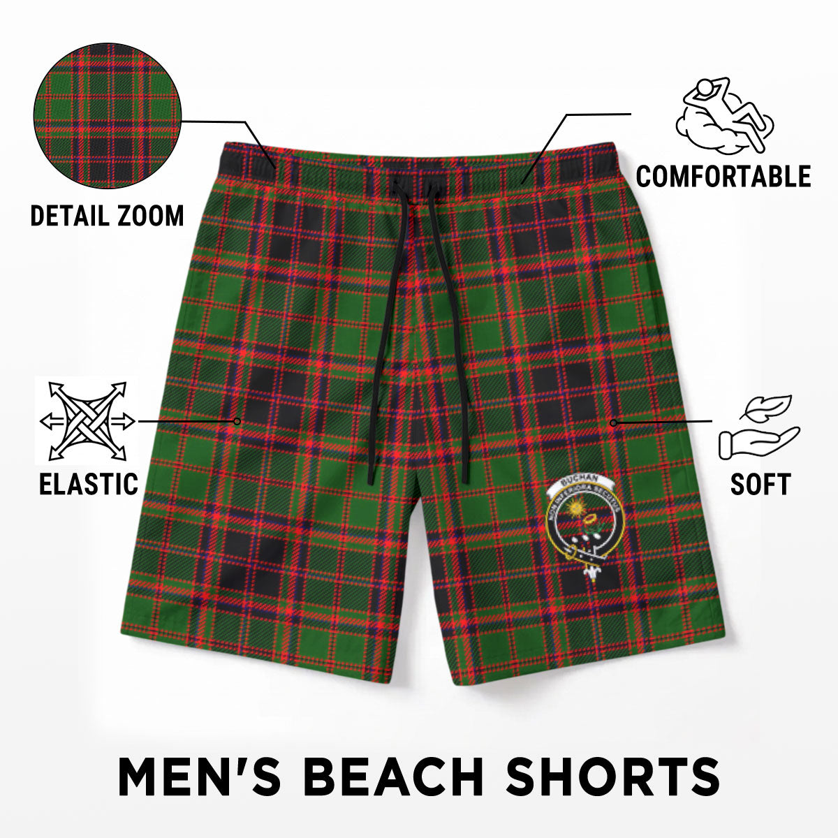 Buchan Modern Tartan Crest Men's Beach Shorts