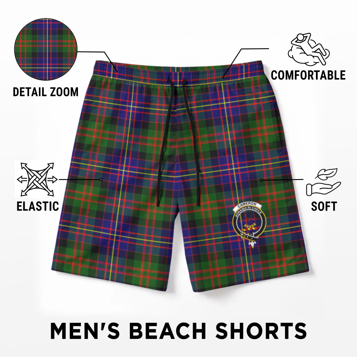 Cameron of Erracht Modern Tartan Crest Men's Beach Shorts