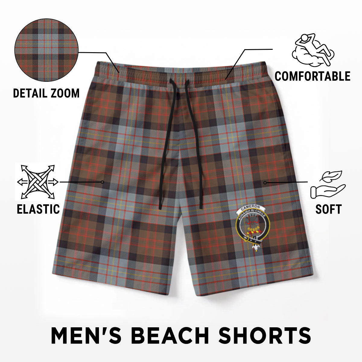 Cameron of Erracht Weathered Tartan Crest Men's Beach Shorts