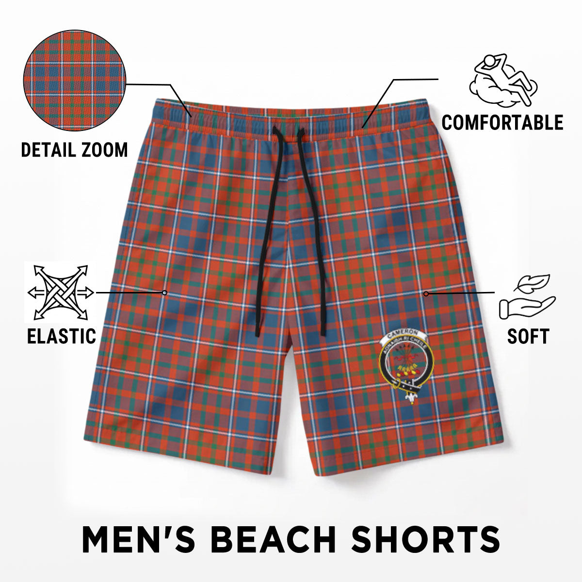 Cameron of Lochiel Ancient Tartan Crest Men's Beach Shorts