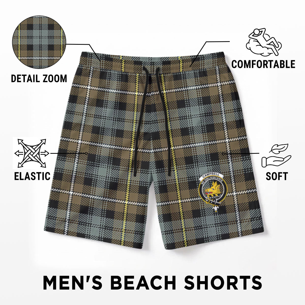 Campbell Argyll Weathered Tartan Crest Men's Beach Shorts
