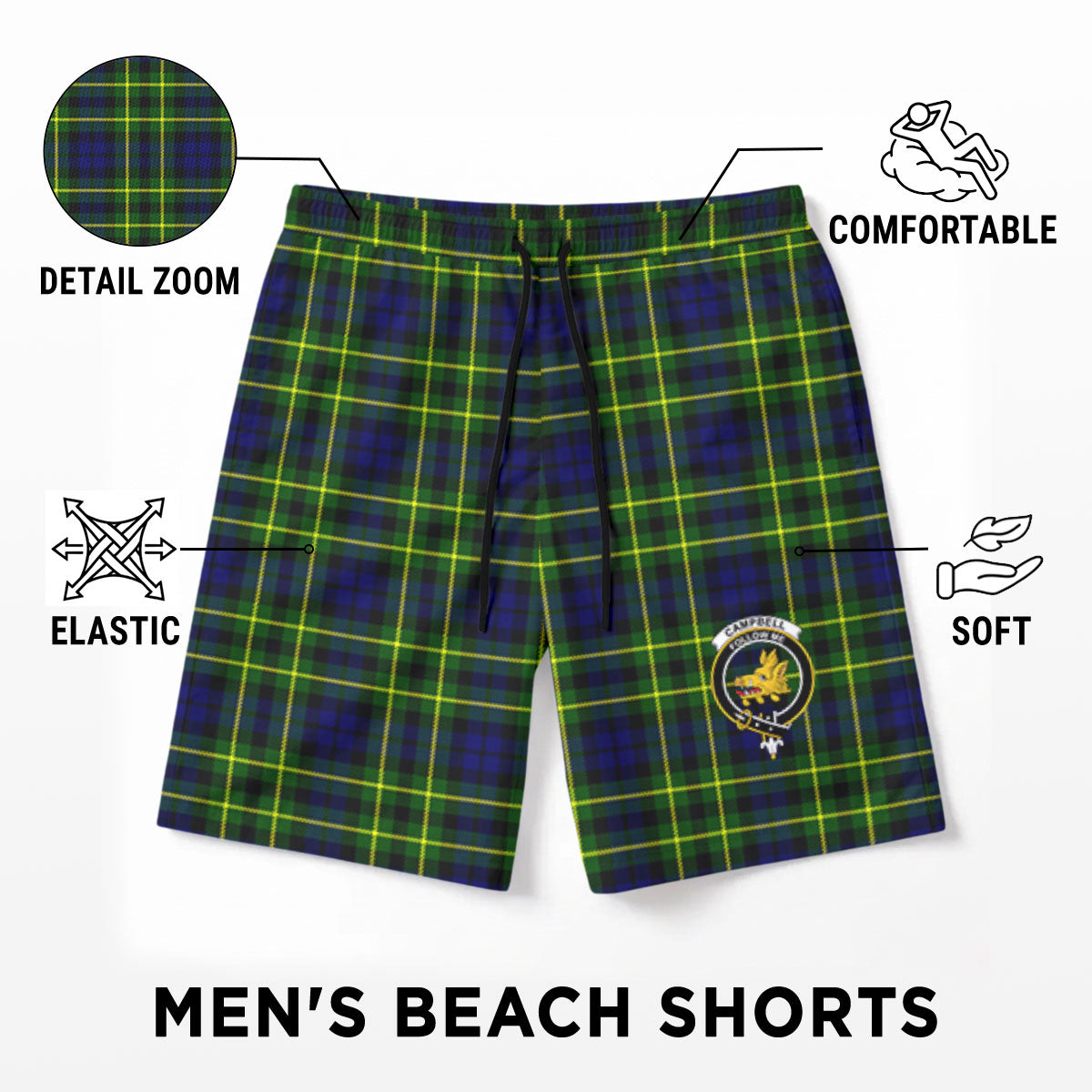 Campbell of Breadalbane Modern Tartan Crest Men's Beach Shorts