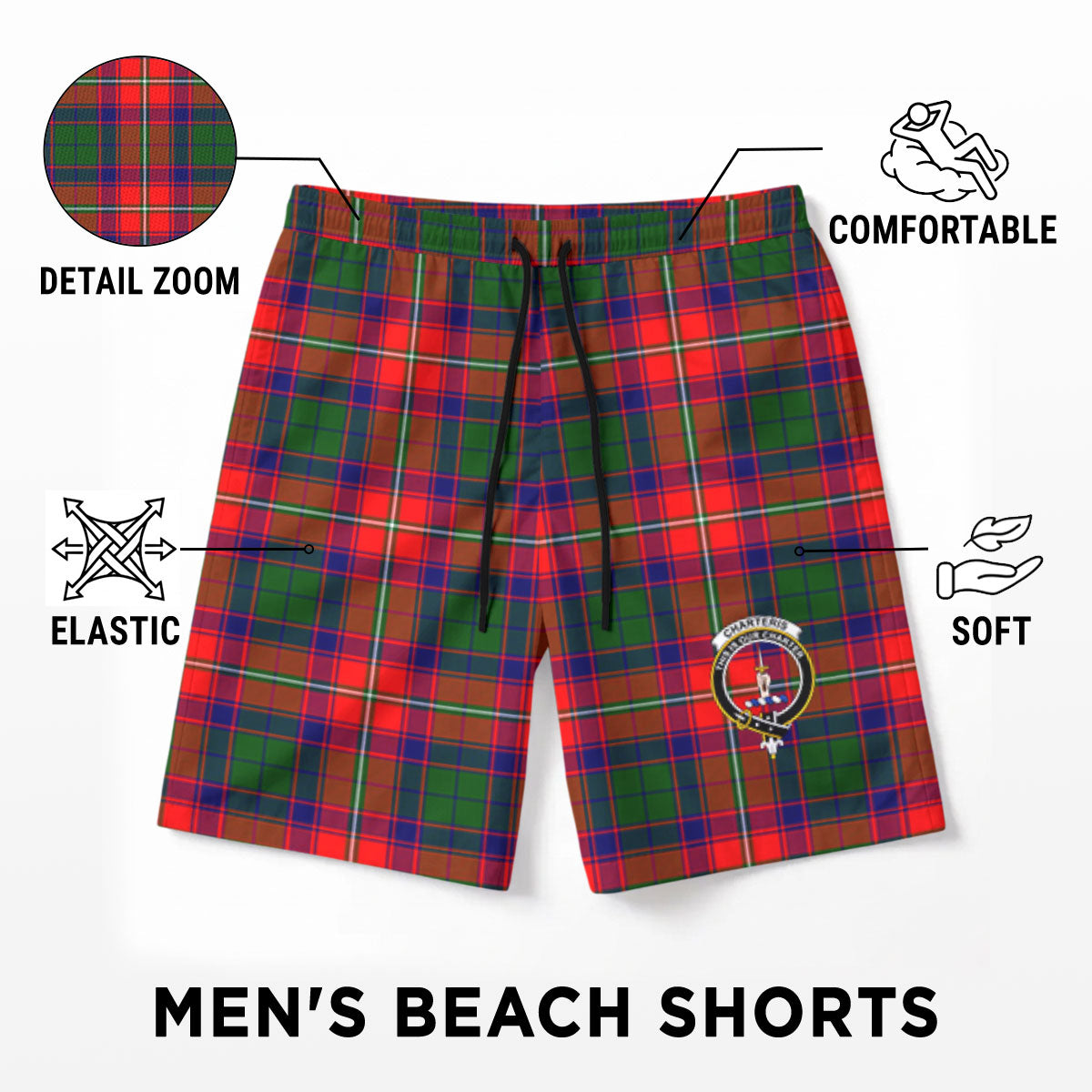 Charteris (Earl of Wemyss) Tartan Crest Men's Beach Shorts