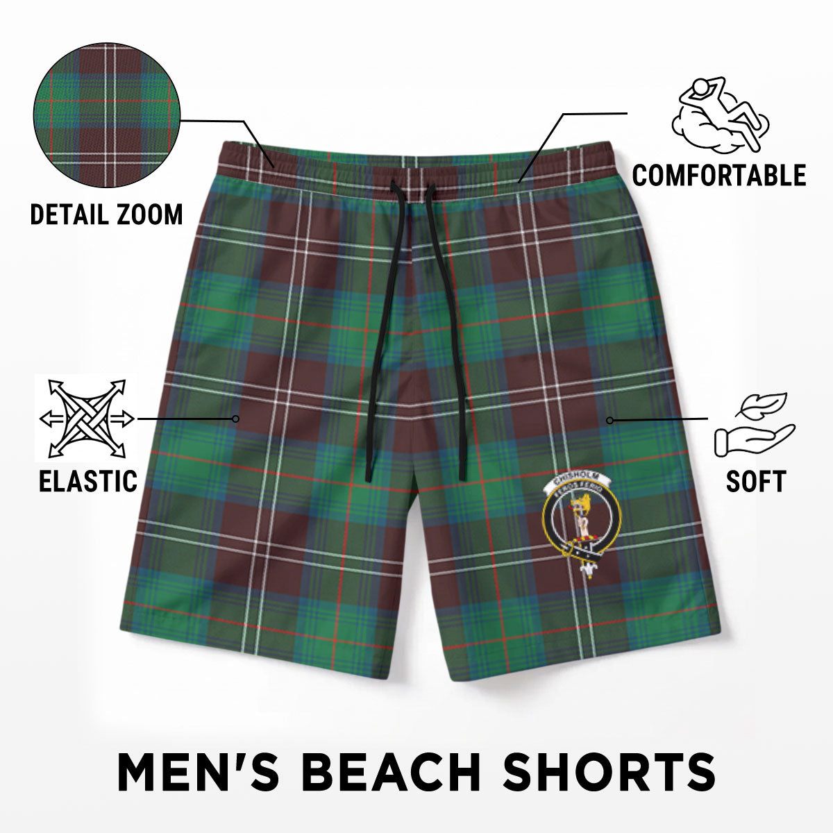 Chisholm Hunting Ancient Tartan Crest Men's Beach Shorts