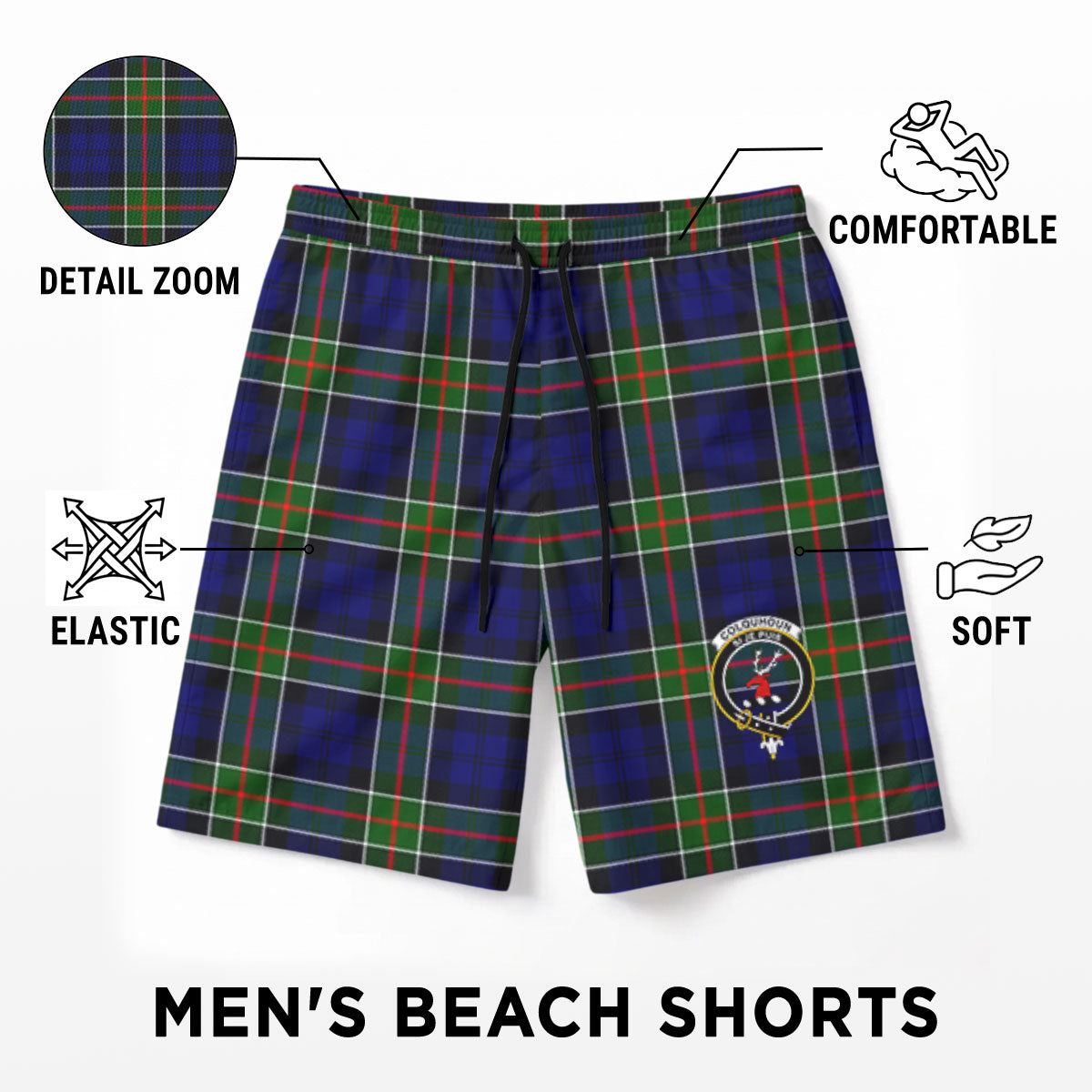 Colquhoun Modern Tartan Crest Men's Beach Shorts