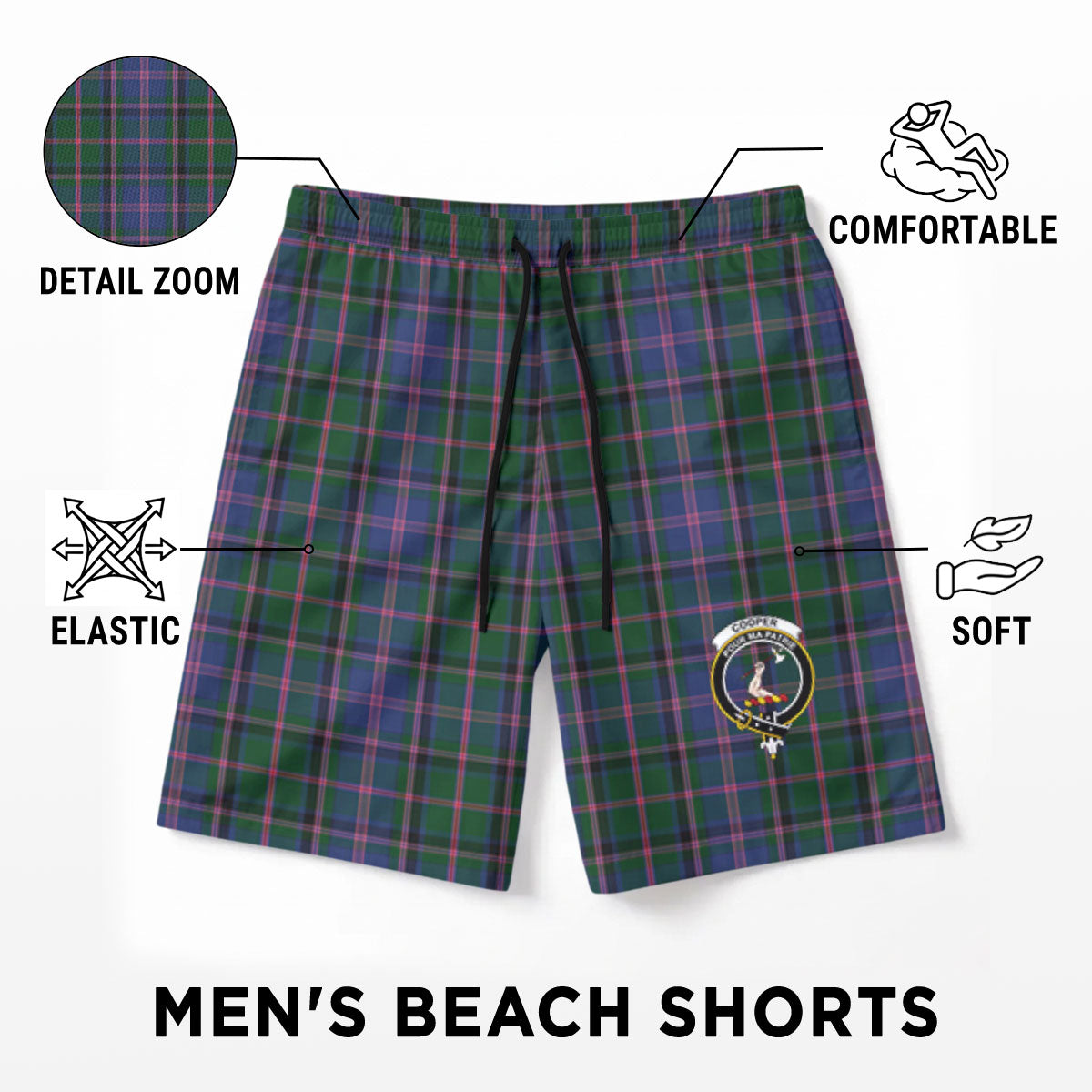 Cooper Tartan Crest Men's Beach Shorts