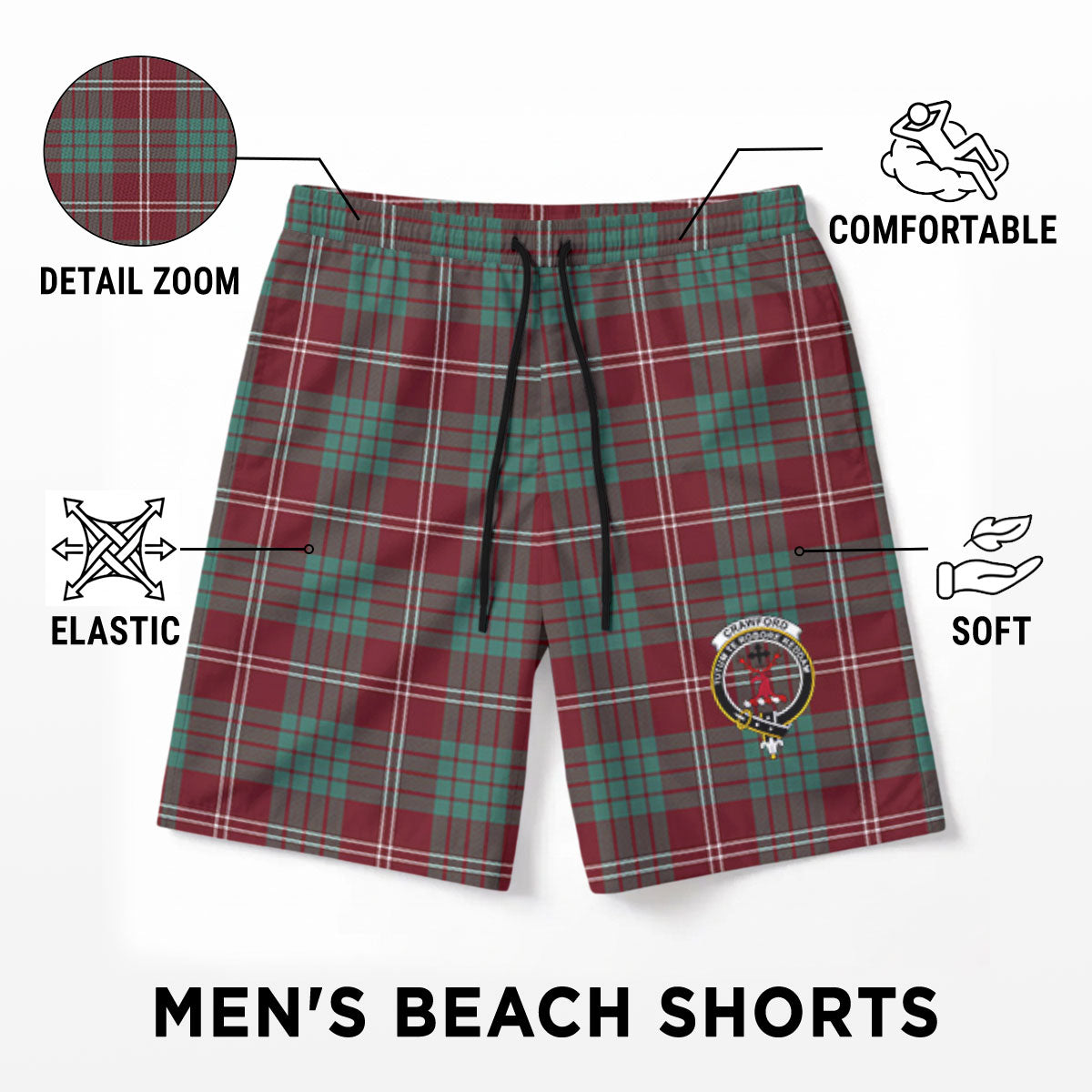 Crawford Modern Tartan Crest Men's Beach Shorts