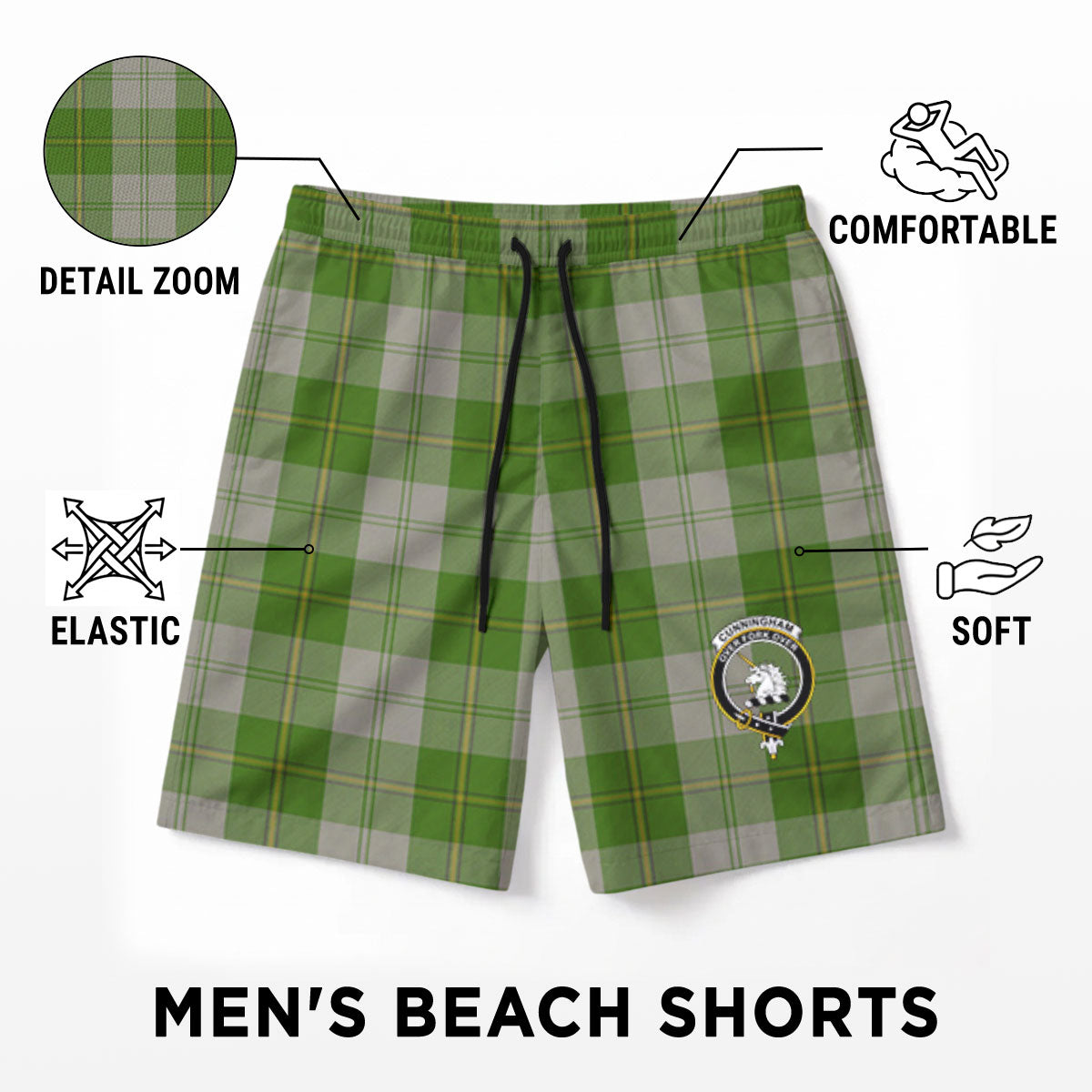 Cunningham Dress Green Dancers Tartan Crest Men's Beach Shorts