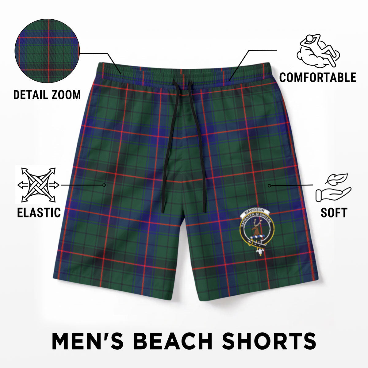 Davidson Modern Tartan Crest Men's Beach Shorts