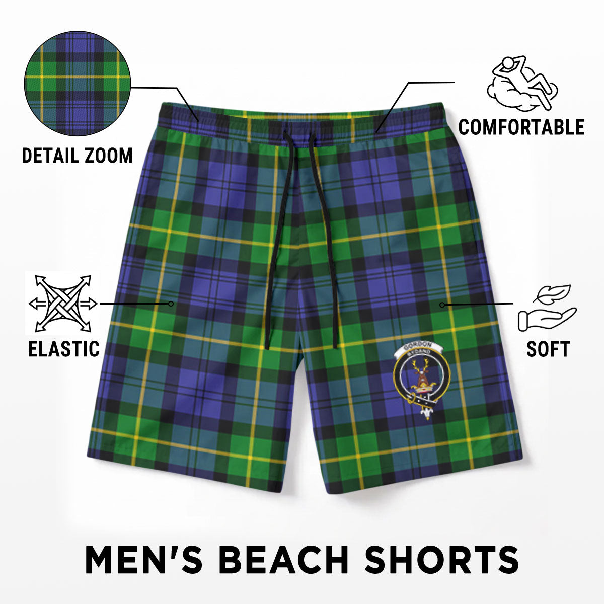 Gordon Modern Tartan Crest Men's Beach Shorts