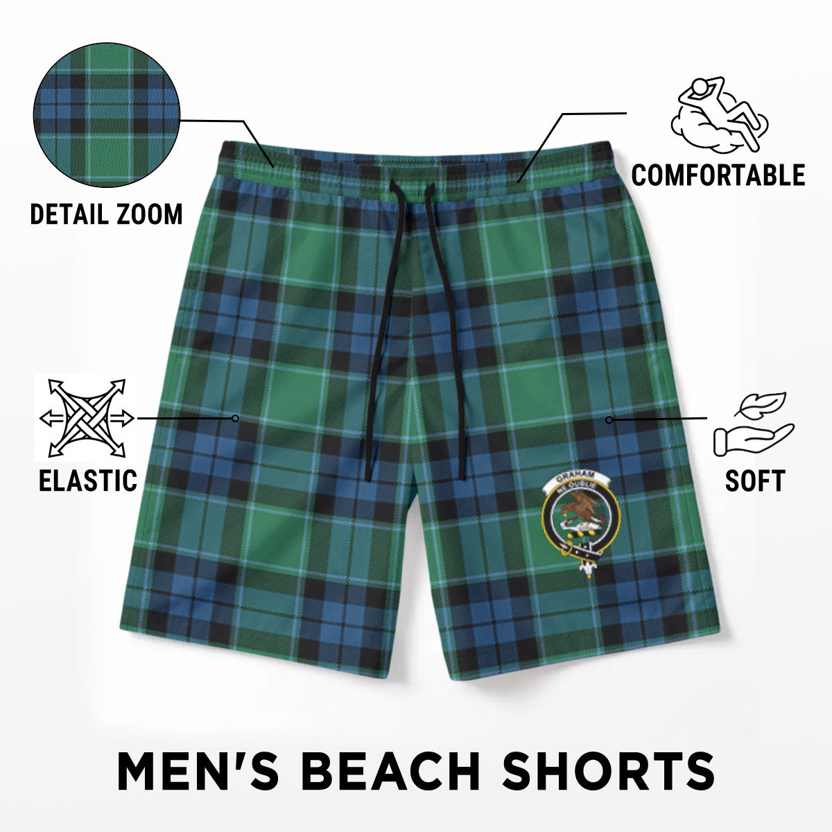 Graham of Menteith Ancient Tartan Crest Men's Beach Shorts