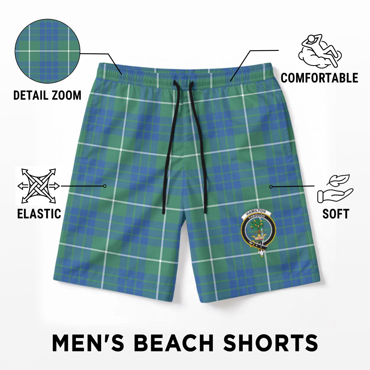 Hamilton Hunting Ancient Tartan Crest Men's Beach Shorts