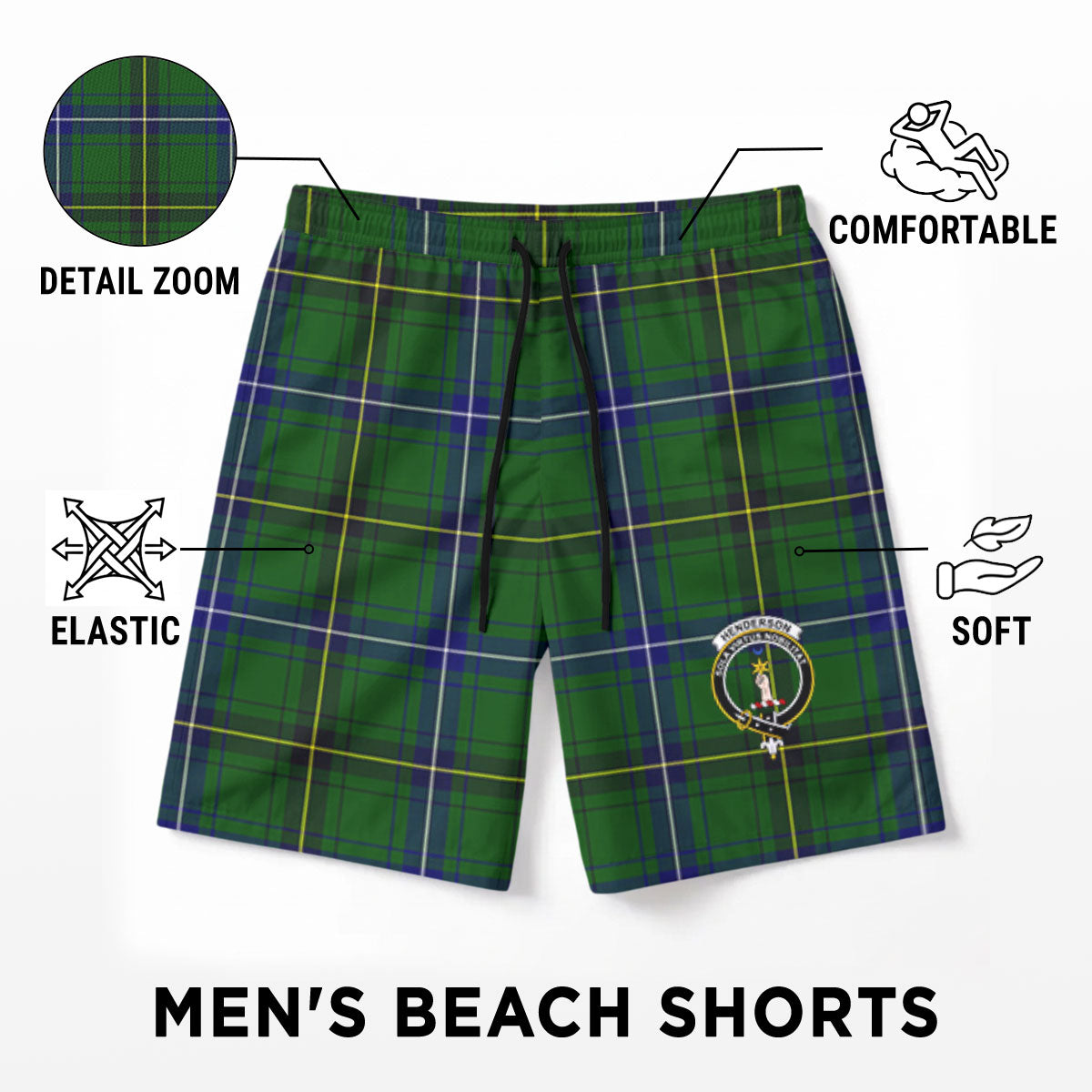 Henderson Modern Tartan Crest Men's Beach Shorts