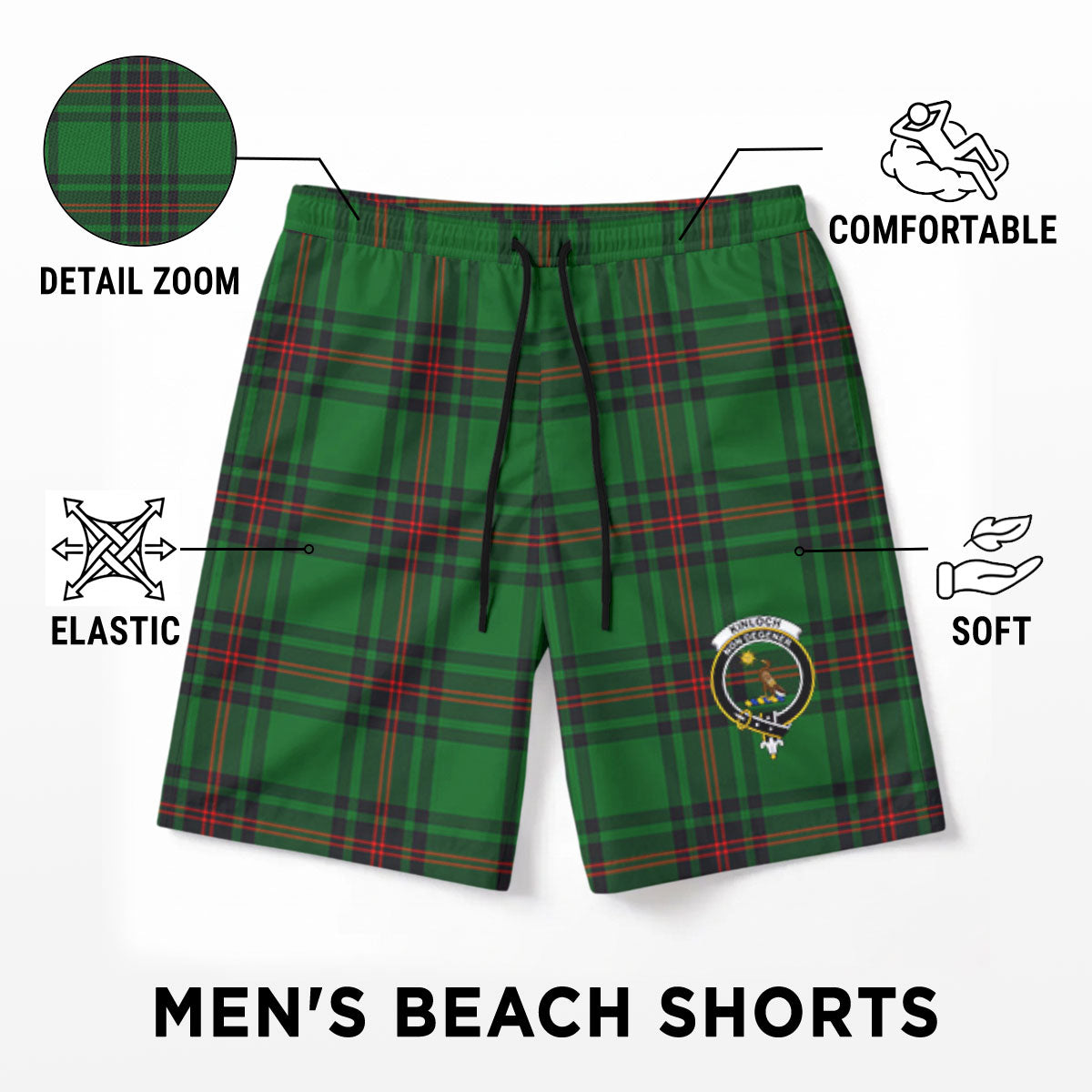 Kinloch Tartan Crest Men's Beach Shorts