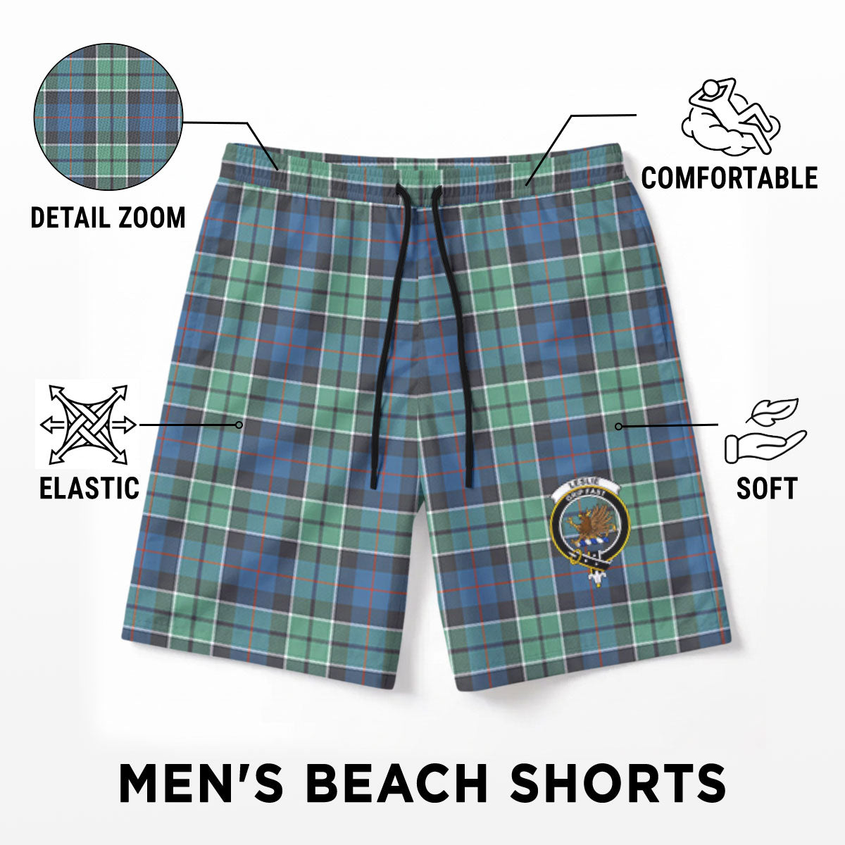 Leslie Hunting Ancient Tartan Crest Men's Beach Shorts