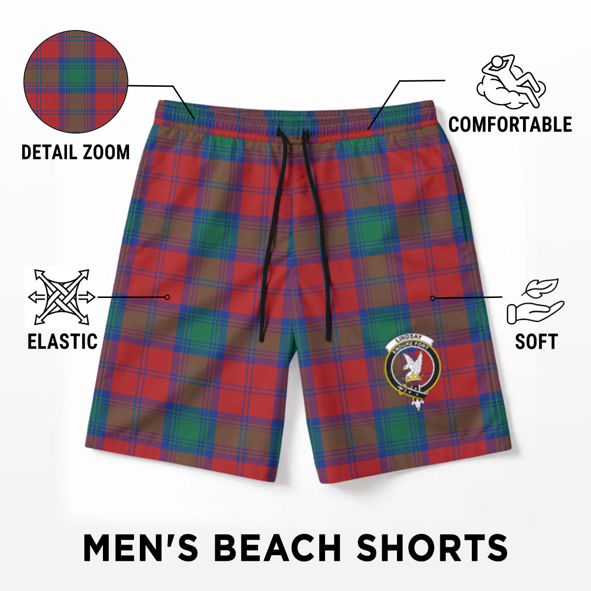 Lindsay Modern Tartan Crest Men's Beach Shorts