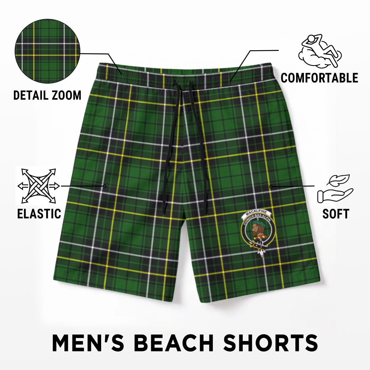 MacAlpine Modern Tartan Crest Men's Beach Shorts