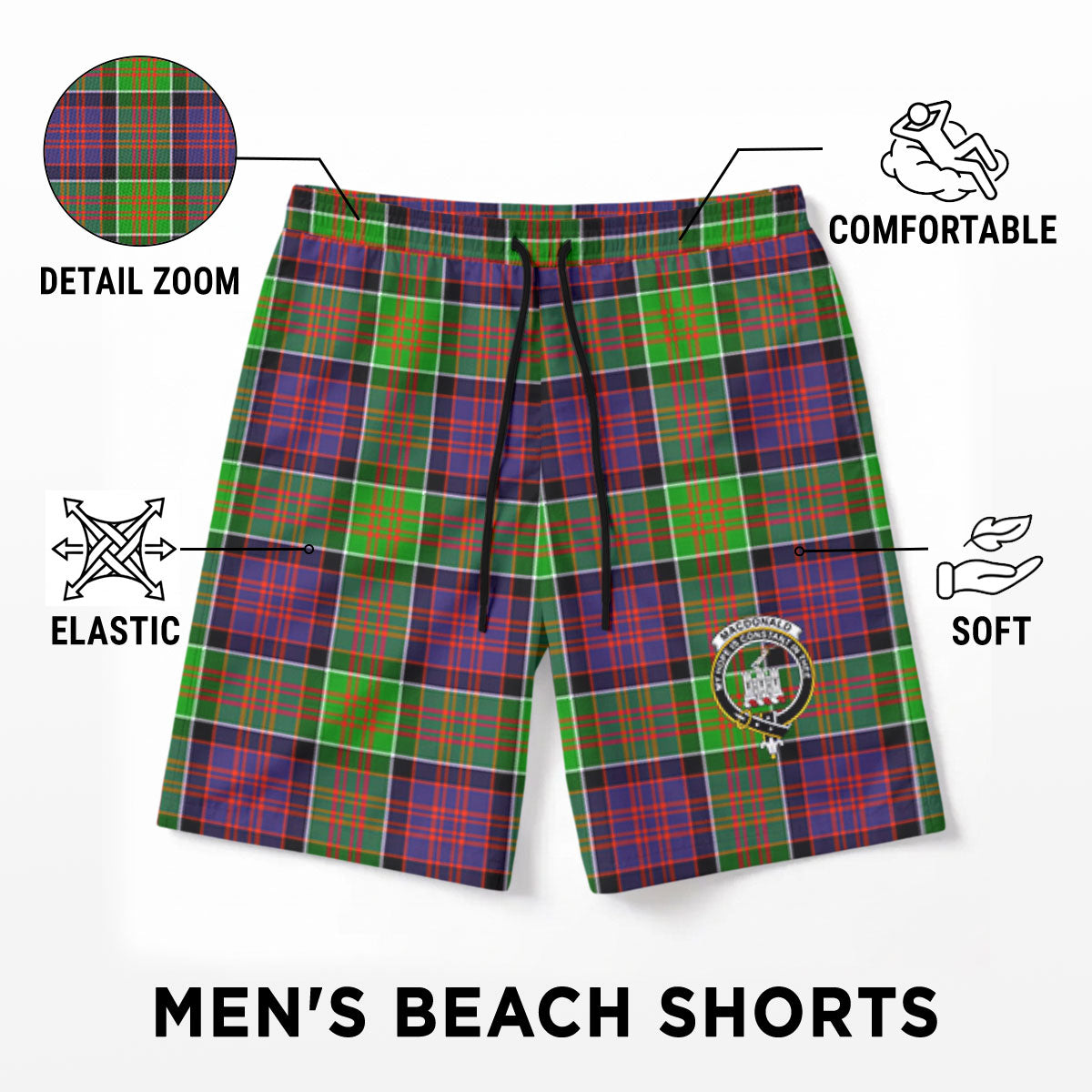 MacDonald (Clan Ranald) Tartan Crest Men's Beach Shorts