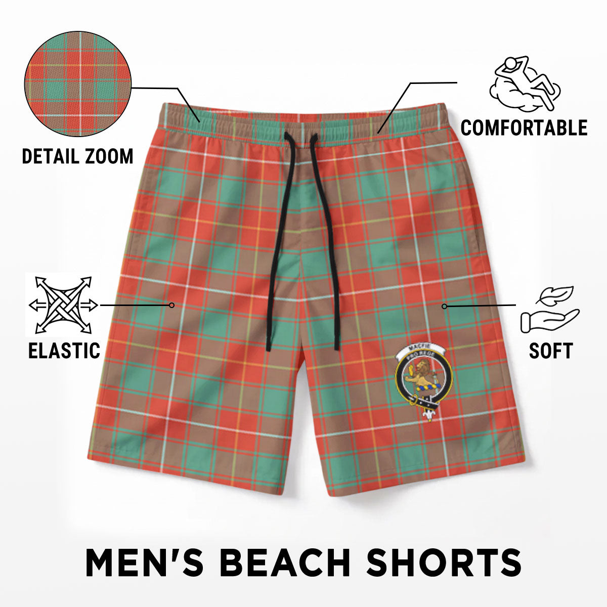 MacFie Ancient Tartan Crest Men's Beach Shorts