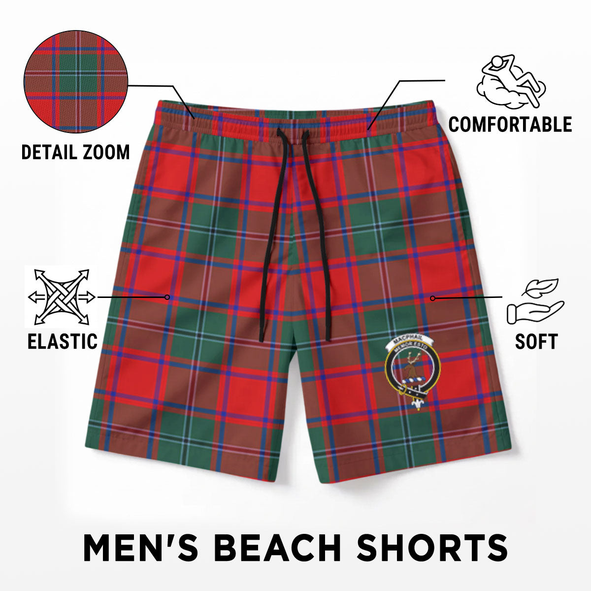 MacPhail Clan Tartan Crest Men's Beach Shorts