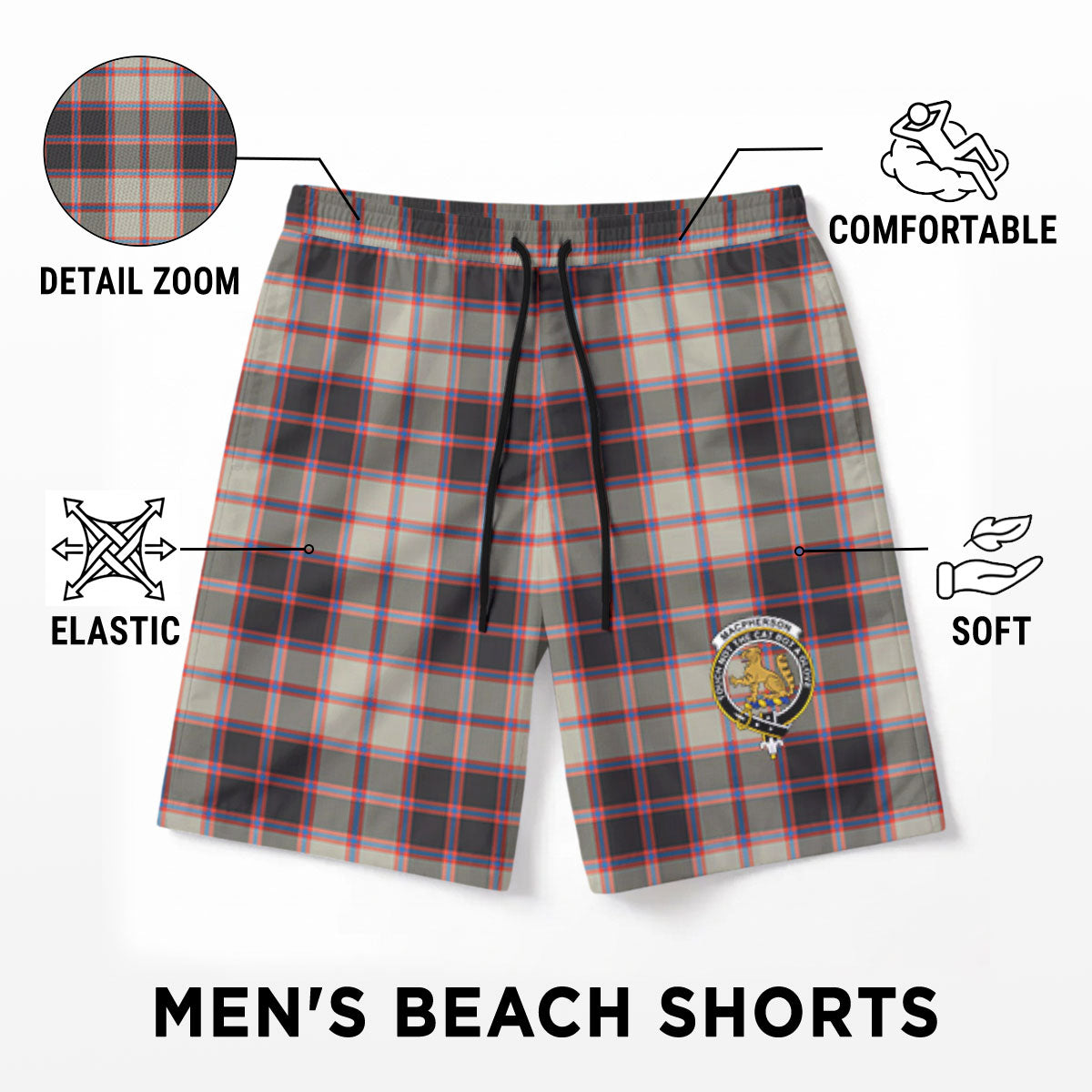 MacPherson Hunting Ancient Tartan Crest Men's Beach Shorts