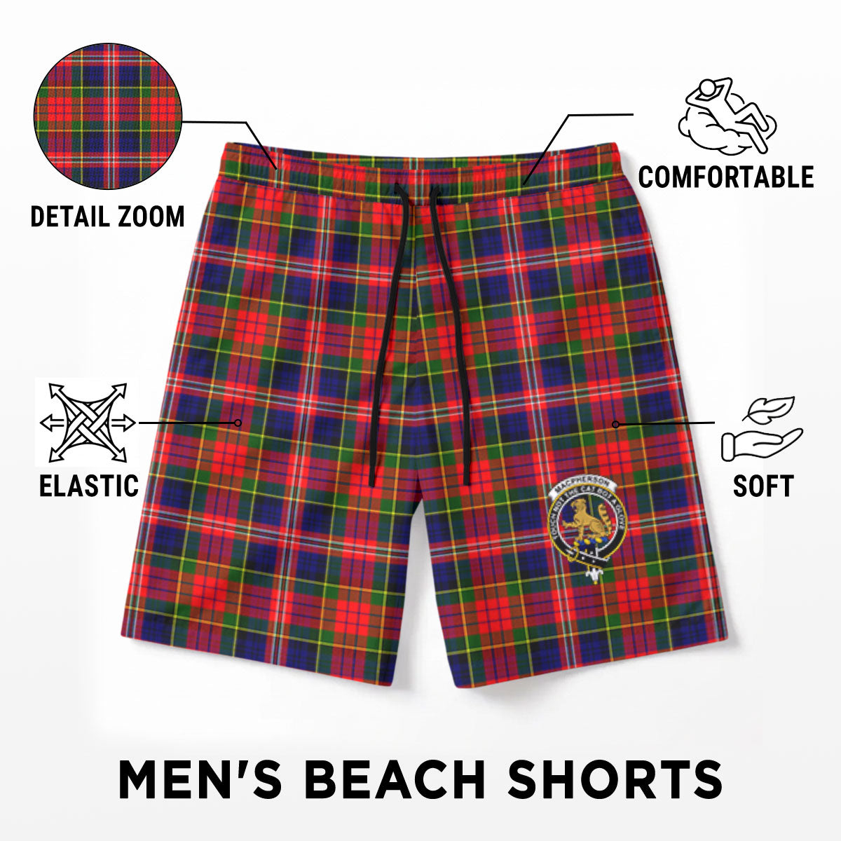 MacPherson Modern Tartan Crest Men's Beach Shorts