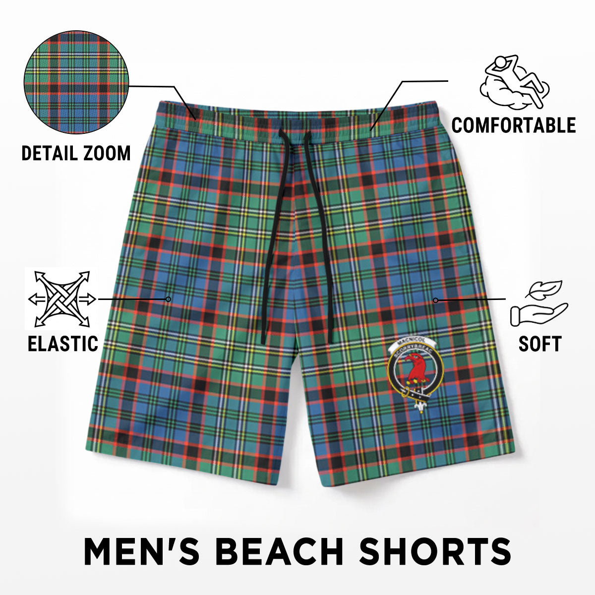 MacNicol Hunting Ancient Tartan Crest Men's Beach Shorts