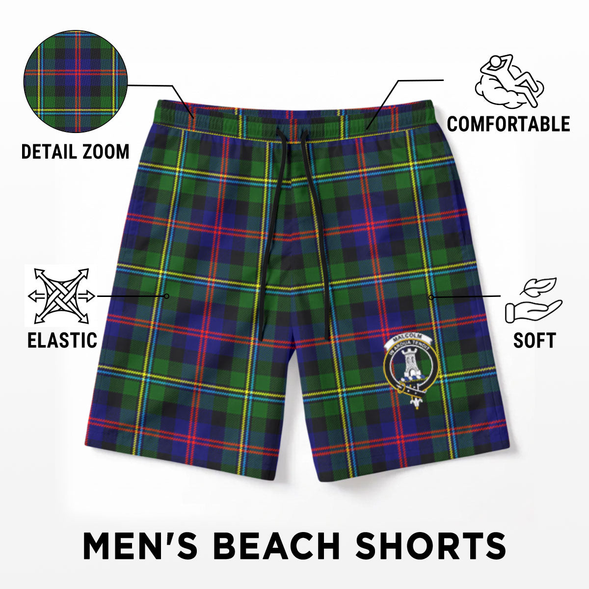 Malcolm (or MacCallum) Tartan Crest Men's Beach Shorts