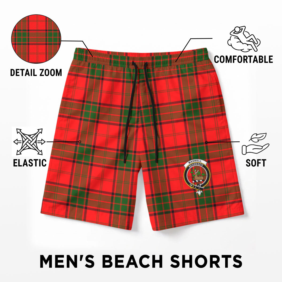 Maxwell Modern Tartan Crest Men's Beach Shorts