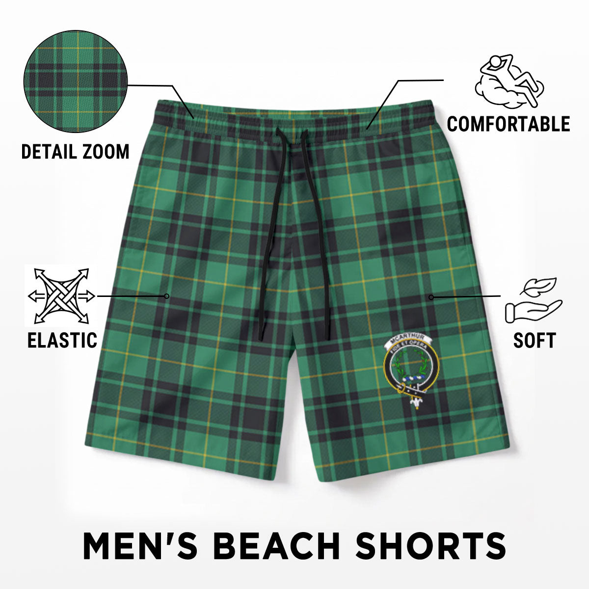 McArthur Ancient Tartan Crest Men's Beach Shorts