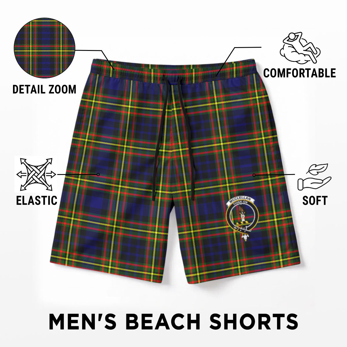McClellan Modern Tartan Crest Men's Beach Shorts
