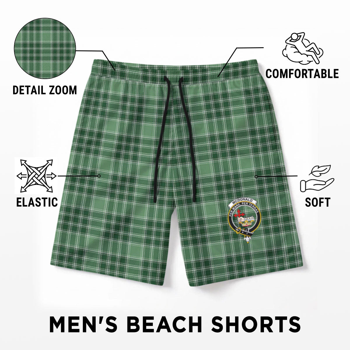 McDonald Lord of the Isles Hunting Tartan Crest Men's Beach Shorts