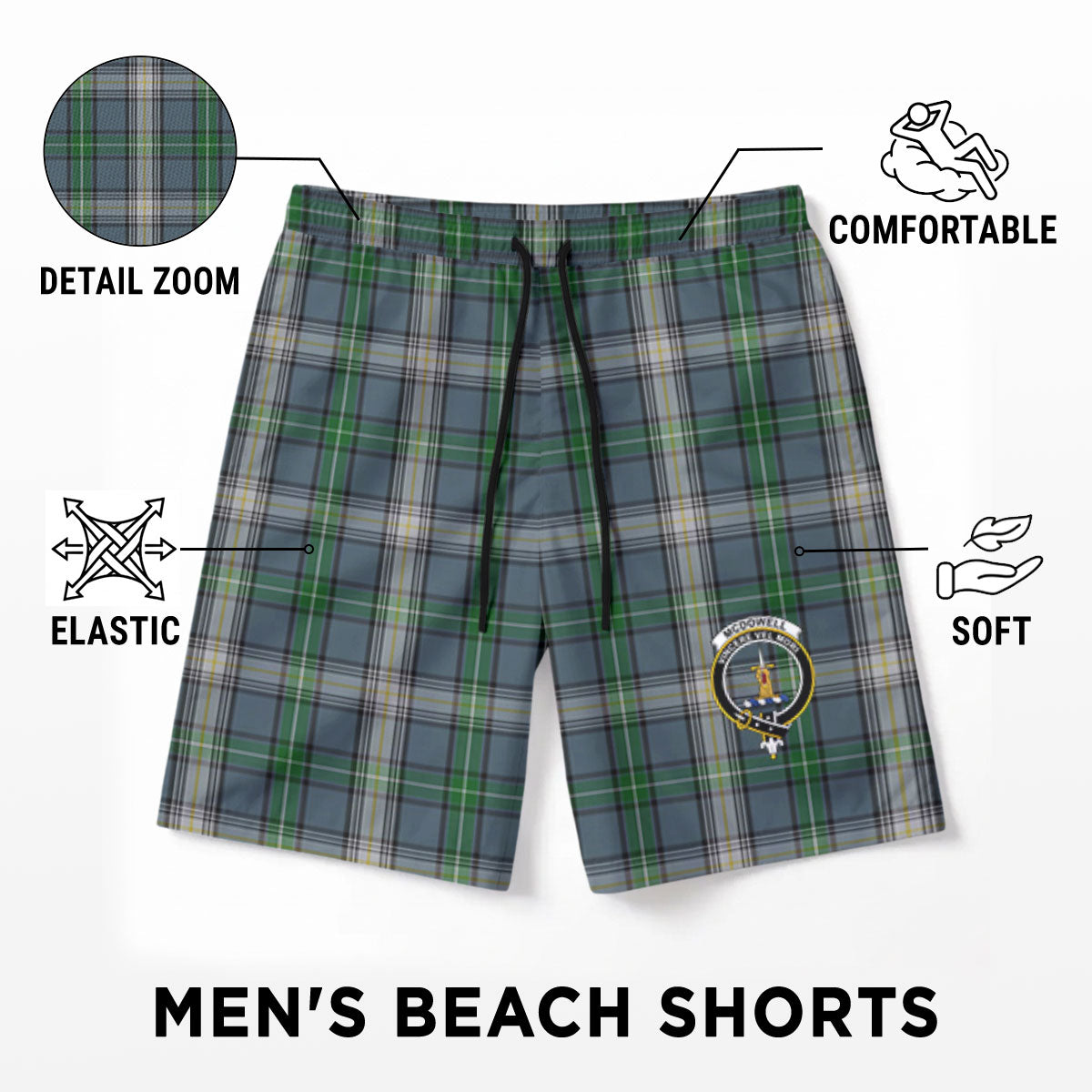 McDowell (MacDowell) Tartan Crest Men's Beach Shorts