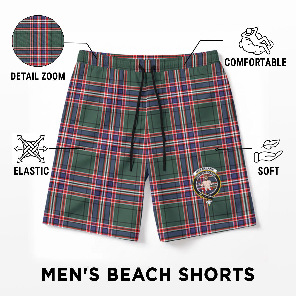 McFarlane Hunting Modern Tartan Crest Men's Beach Shorts