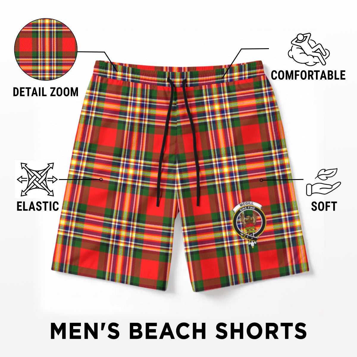 McGill Modern Tartan Crest Men's Beach Shorts