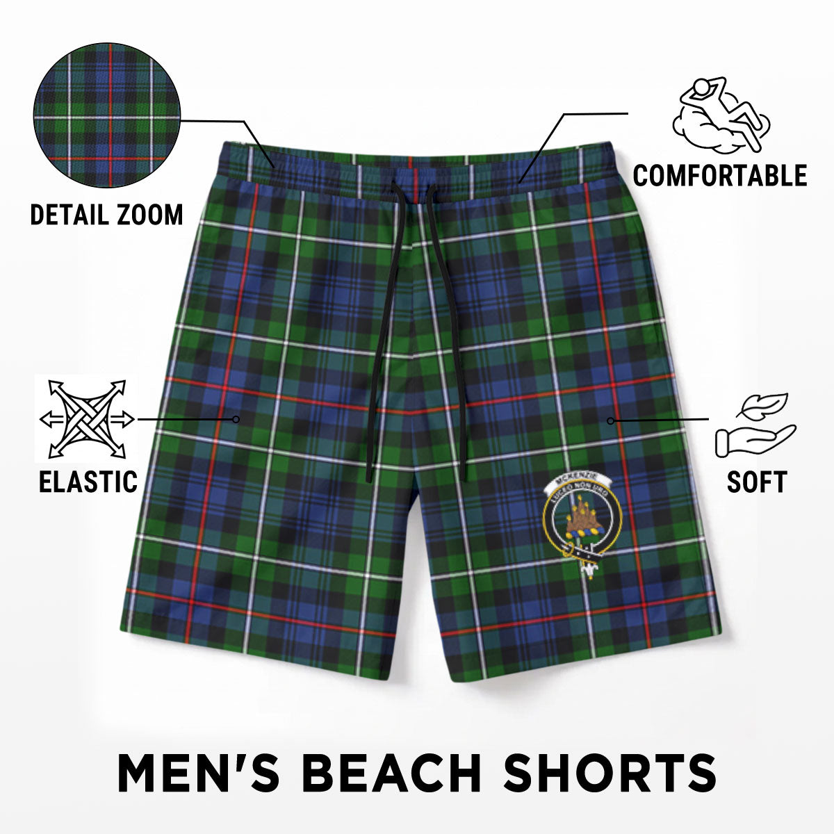 McKenzie Modern Tartan Crest Men's Beach Shorts