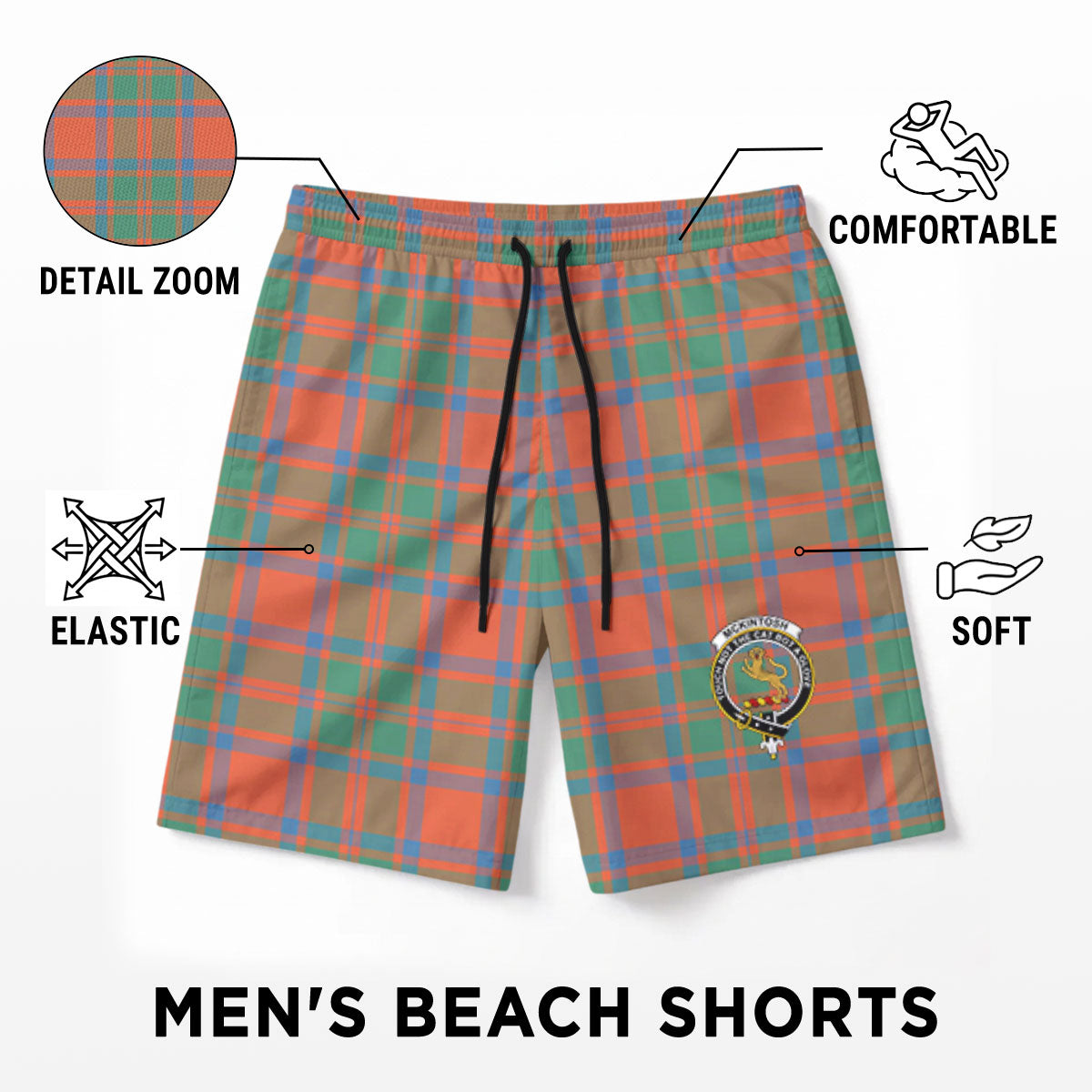 McKintosh Ancient Tartan Crest Men's Beach Shorts