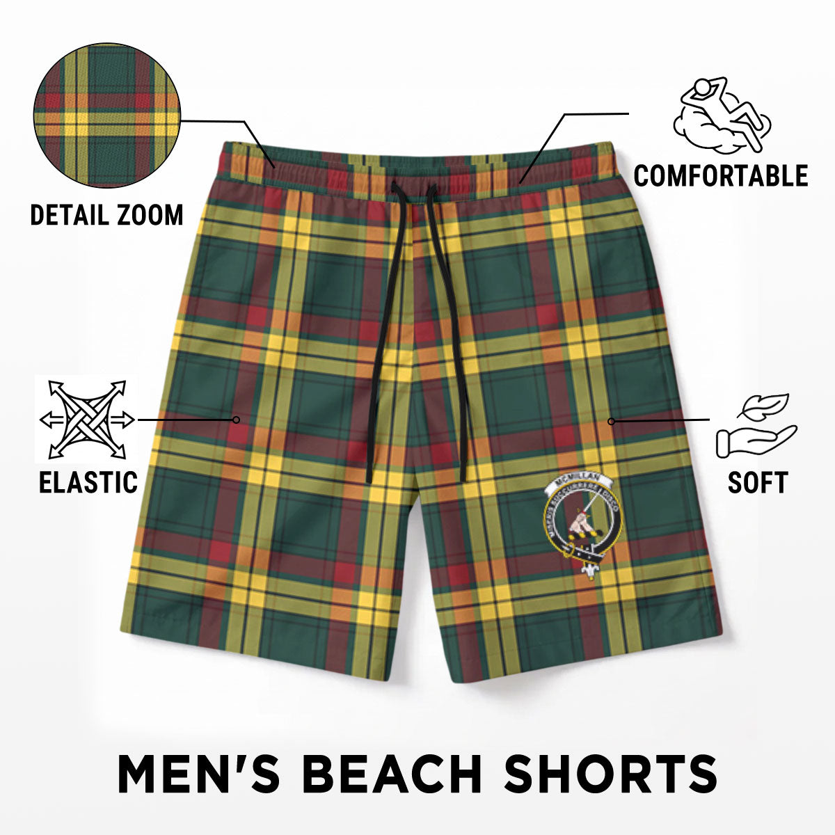 McMillan Old Modern Tartan Crest Men's Beach Shorts