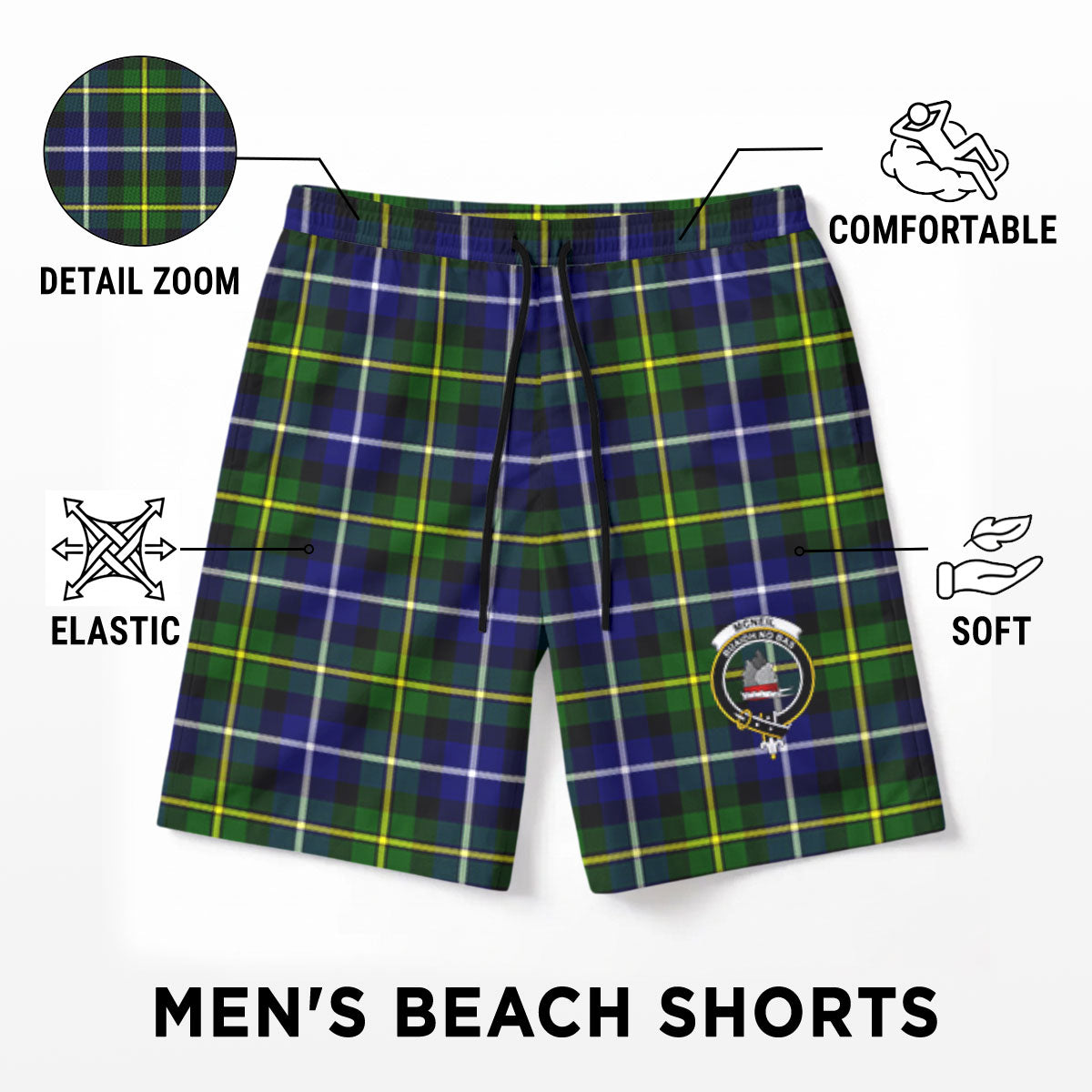 McNeil of Barra Modern Tartan Crest Men's Beach Shorts