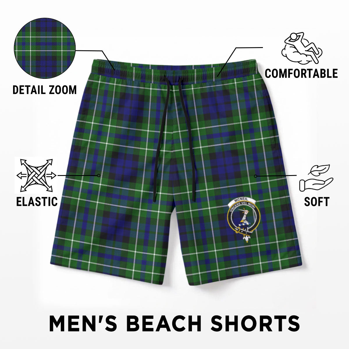 McNeil of Colonsay Modern Tartan Crest Men's Beach Shorts