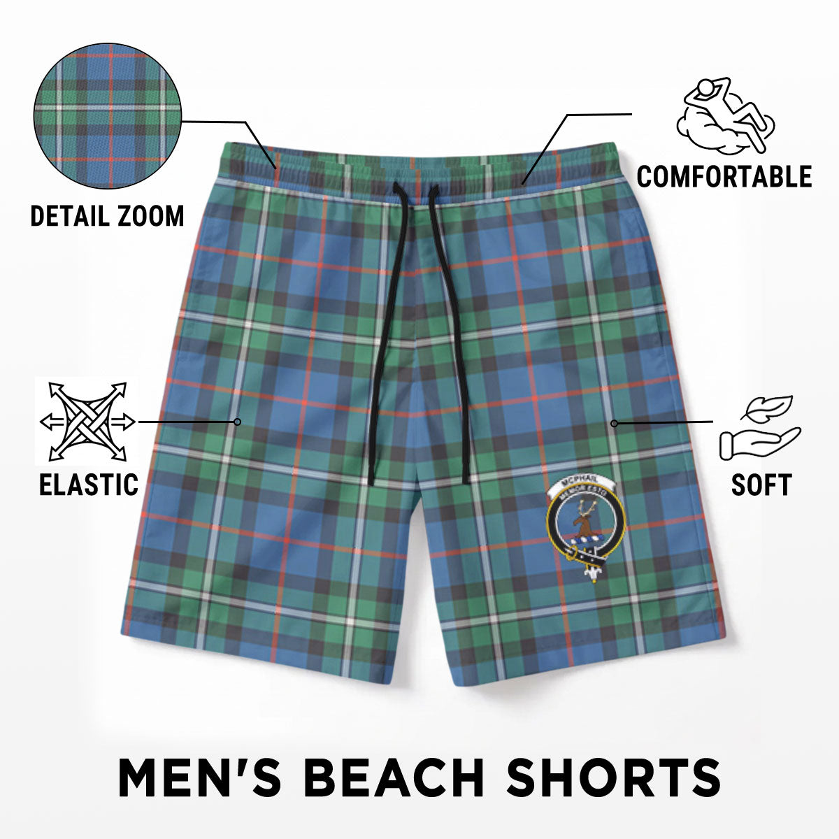 McPhail Hunting Ancient Tartan Crest Men's Beach Shorts