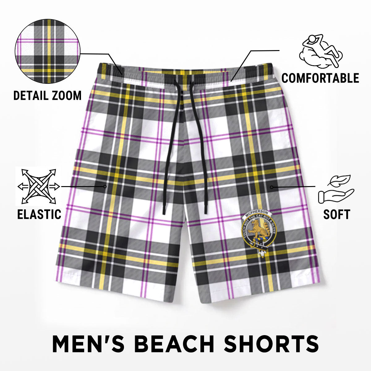 McPherson Dress Modern Tartan Crest Men's Beach Shorts